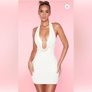 White pearl mini dress — perfect bridal/bachelorette outfit